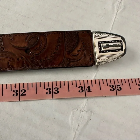Tooled Leather Belt Brown with Silver Very Distressed Etched Hardware Never Worn - Picture 9 of 10